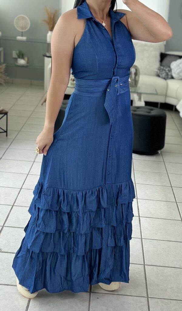 Maxi Dress Denim Halter Button Down Ruffle - Imagen 6