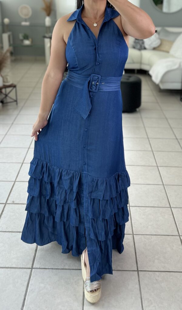 Maxi Dress Denim Halter Button Down Ruffle - Imagen 2