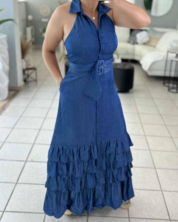 Maxi Dress Denim Halter Button Down Ruffle - Imagen 5