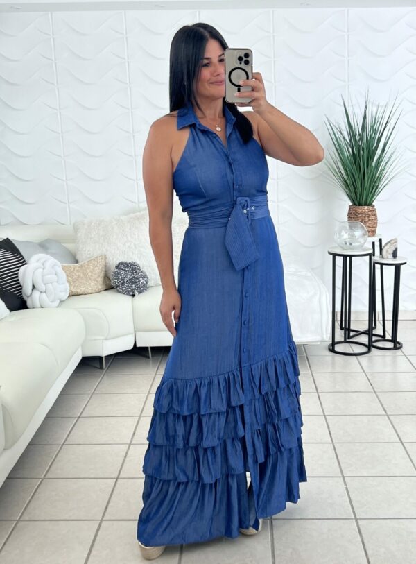 Maxi Dress Denim Halter Button Down Ruffle