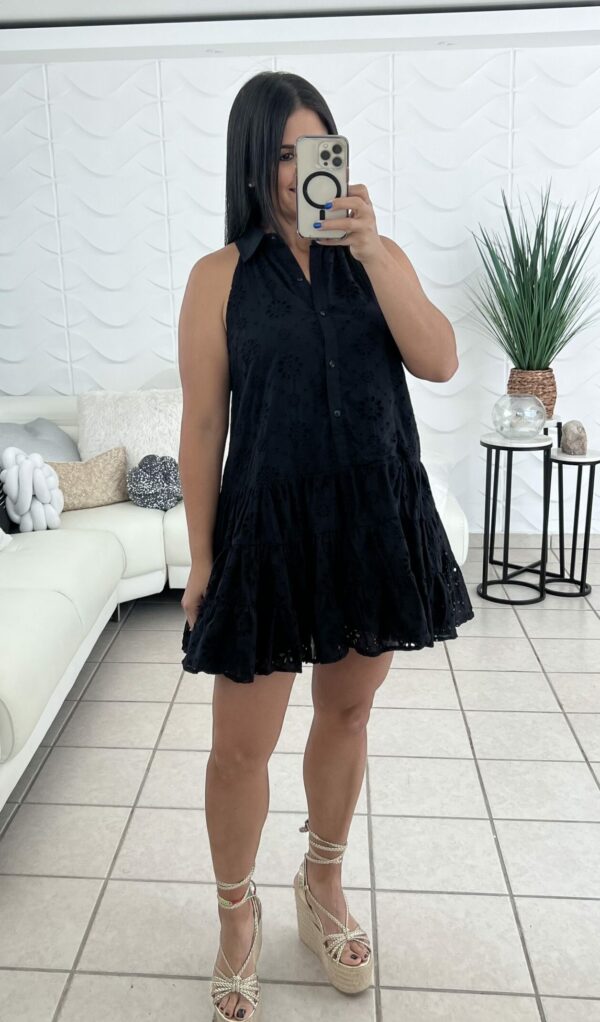 Black Ruffle Eyelet Short Dress